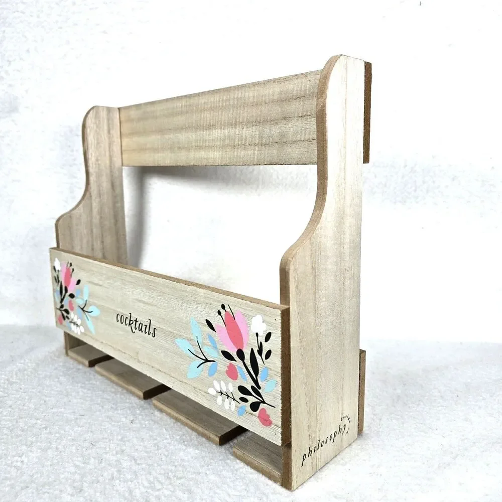 Wooden 4-Bottle Wine Rack Holder w/ Handle Farmhouse Floral Design Philosophy
